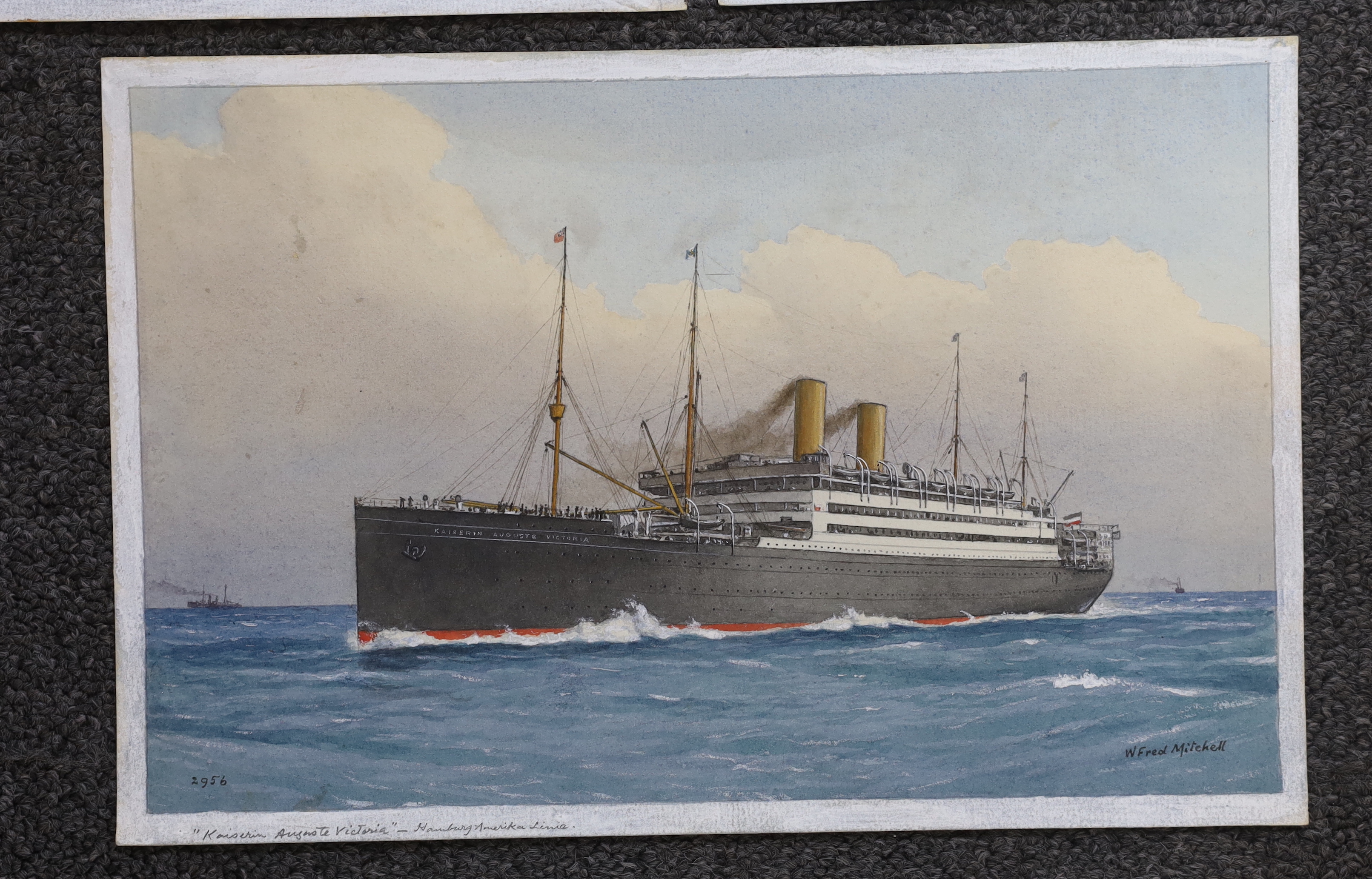 William Frederick Mitchell (1845-1914) set of three watercolours on card, Ocean Liners - Lusitania, Kronprinzessen Cecilie and Kaiserin Auguste Victoria, each signed and inscribed, 26 x 17cm, unframed